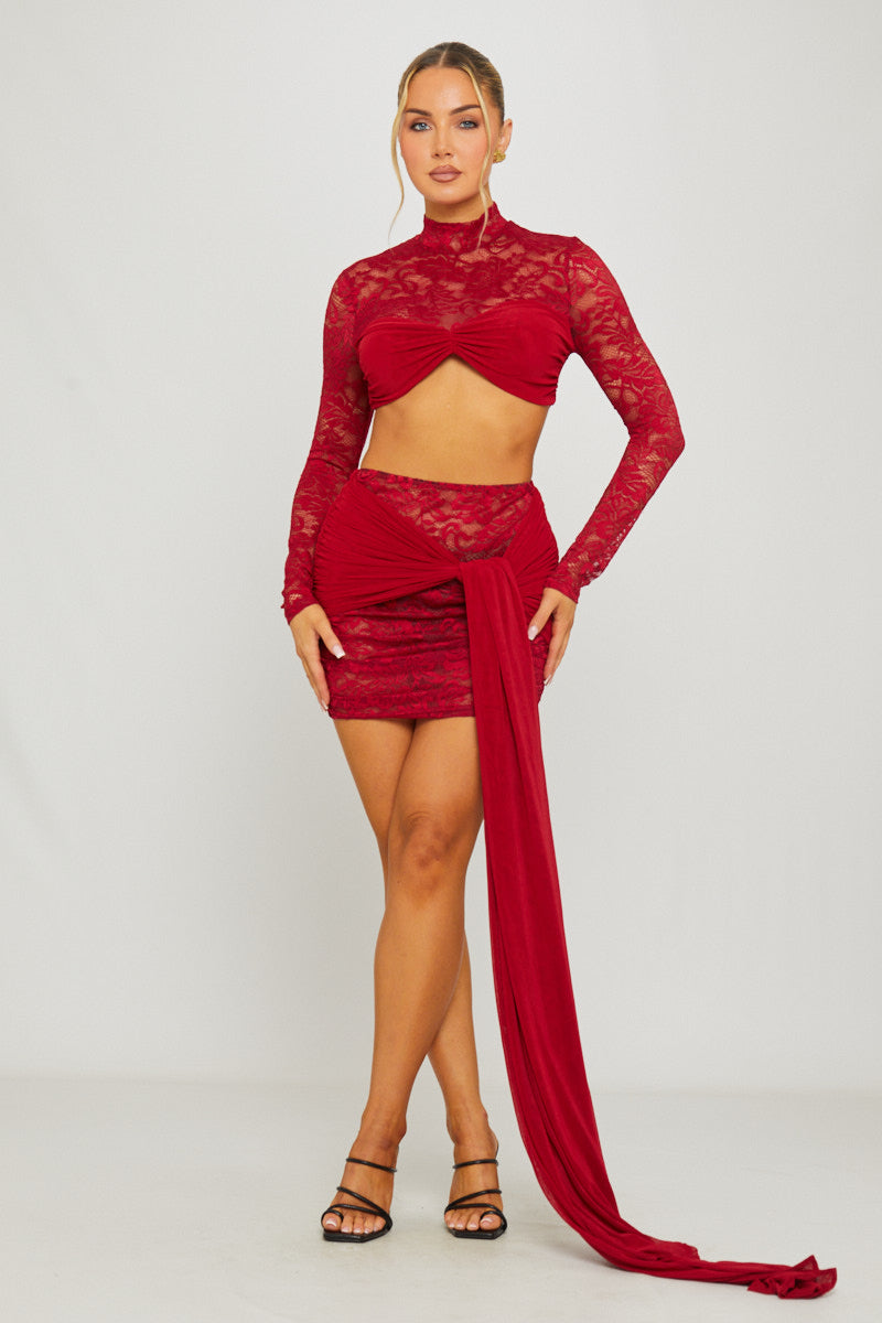 Lace High Neck Crop Top & Draped Mini Skirt Co-Ord in Wine