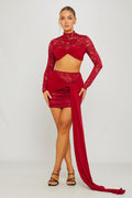 Lace High Neck Crop Top & Draped Mini Skirt Co-Ord in Wine