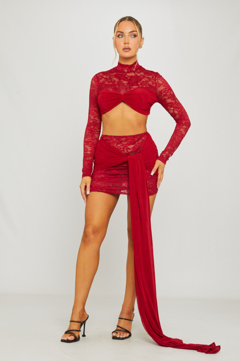 Lace High Neck Crop Top & Draped Mini Skirt Co-Ord in Wine