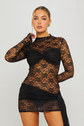Black Lace Mock Neck Drapey Full Sleeve Mini Dress - AMRONI