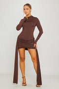 Brown Mini Dress - High-Neck Long Sleeve Drape-Front