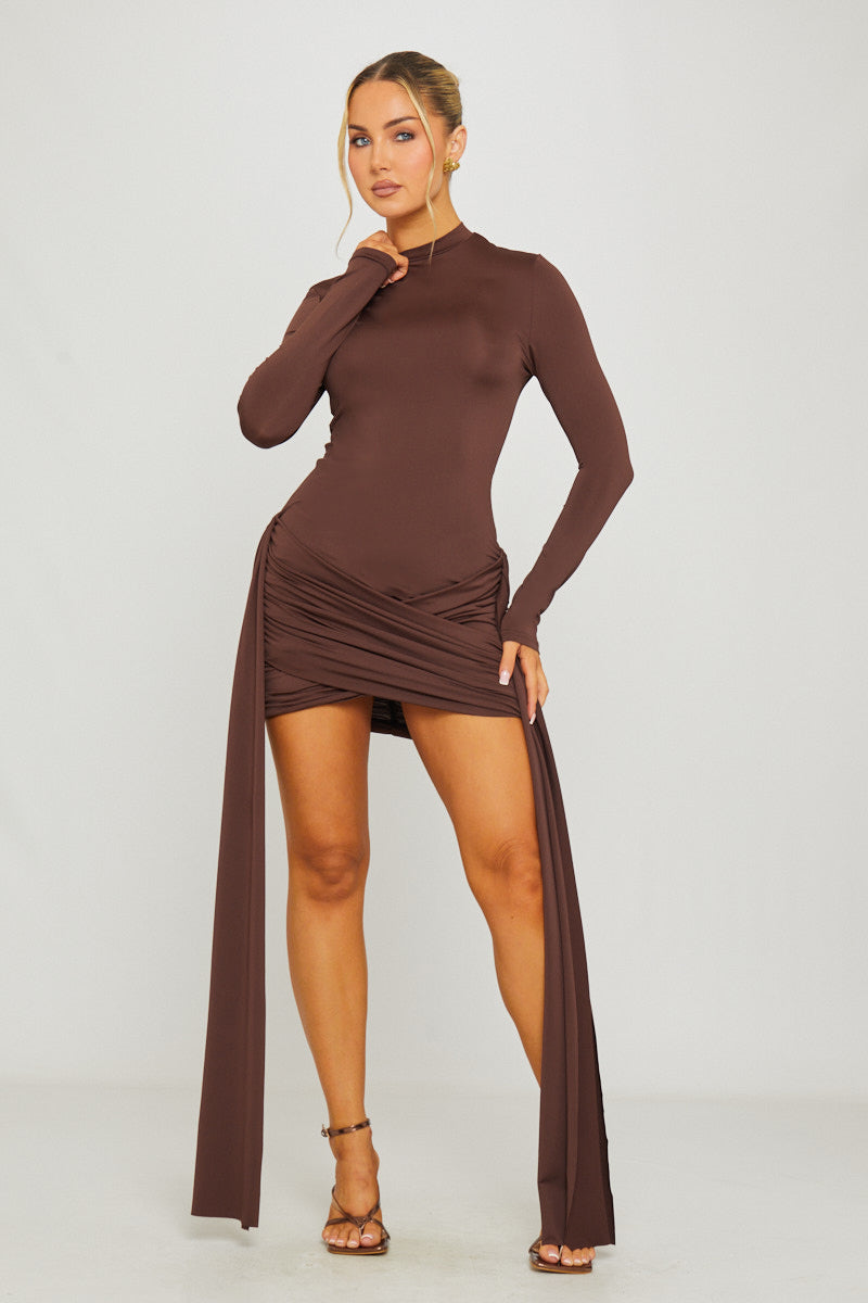 Brown Mini Dress - High-Neck Long Sleeve Drape-Front