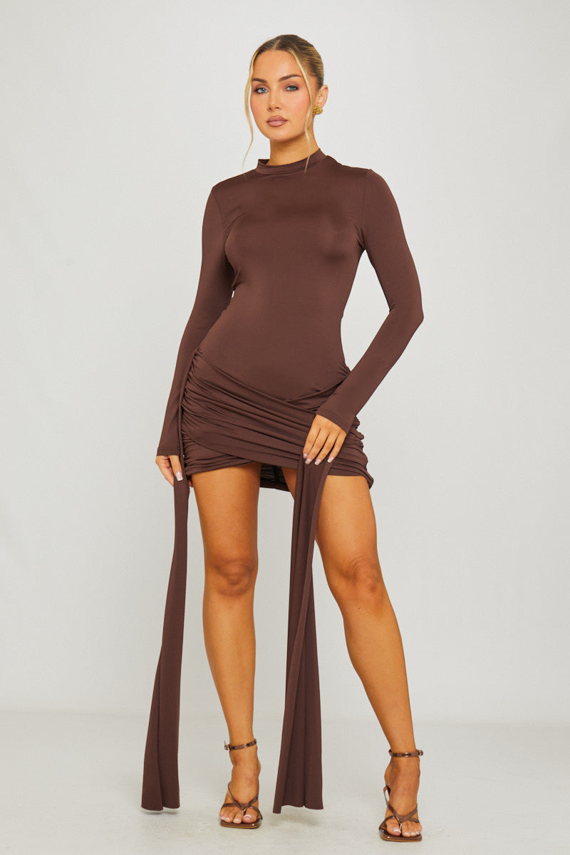 Brown Mini Dress - High-Neck Long Sleeve Drape-Front