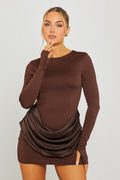 Brown Slash Neck Drape Waist Long Sleeve Mini Dress - AMRONI