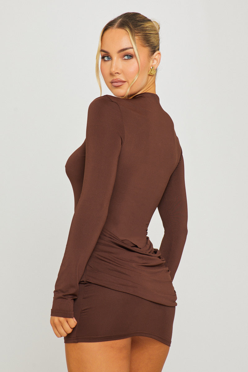 Brown Long-Sleeve Drape Waist Bodycon Mini Dress