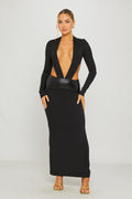 Black Plunge Neck Faux-Leather Waist-Cinch Maxi Dress - AMRONI