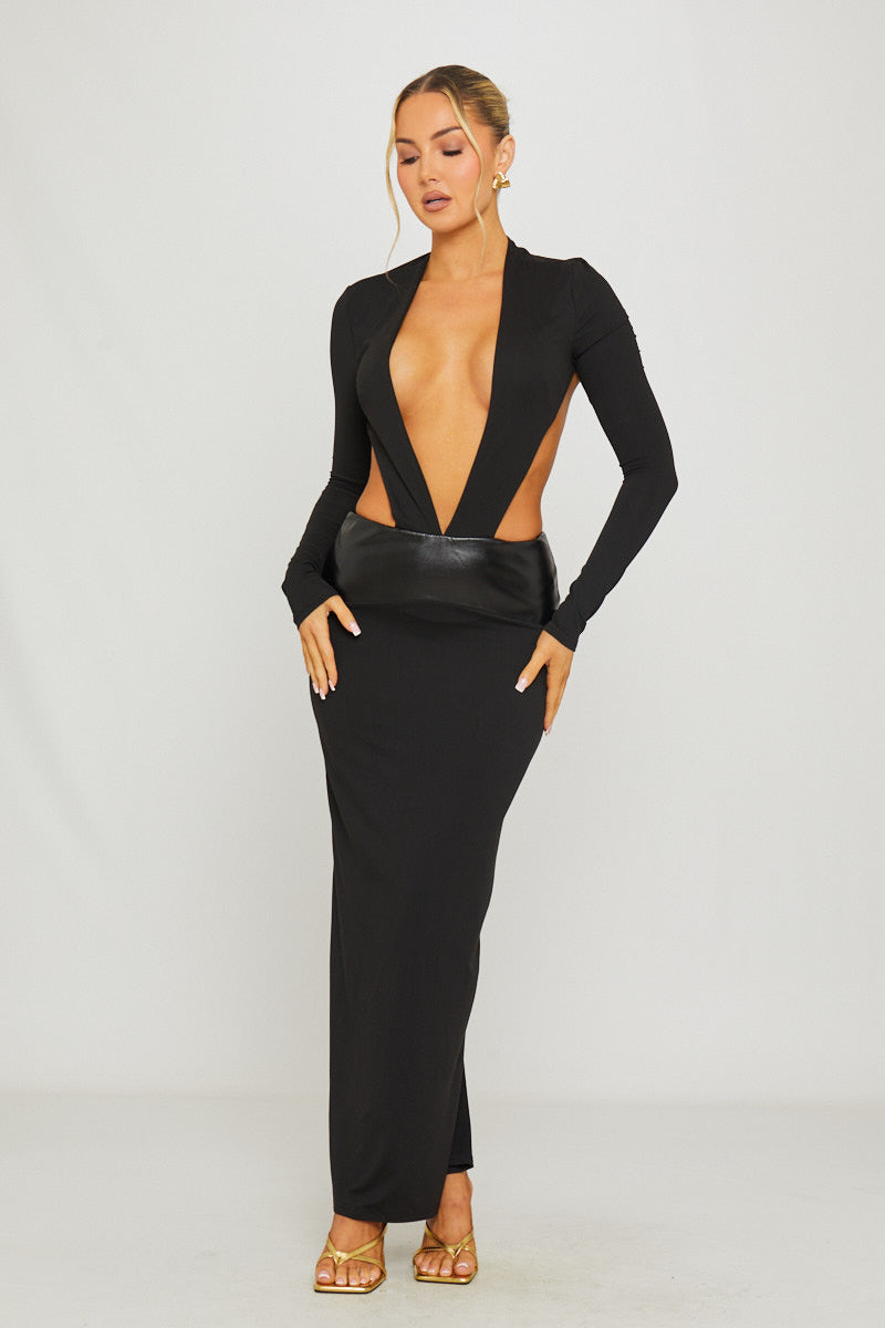 Black Plunge Neck Faux-Leather Waist-Cinch Maxi Dress - AMRONI