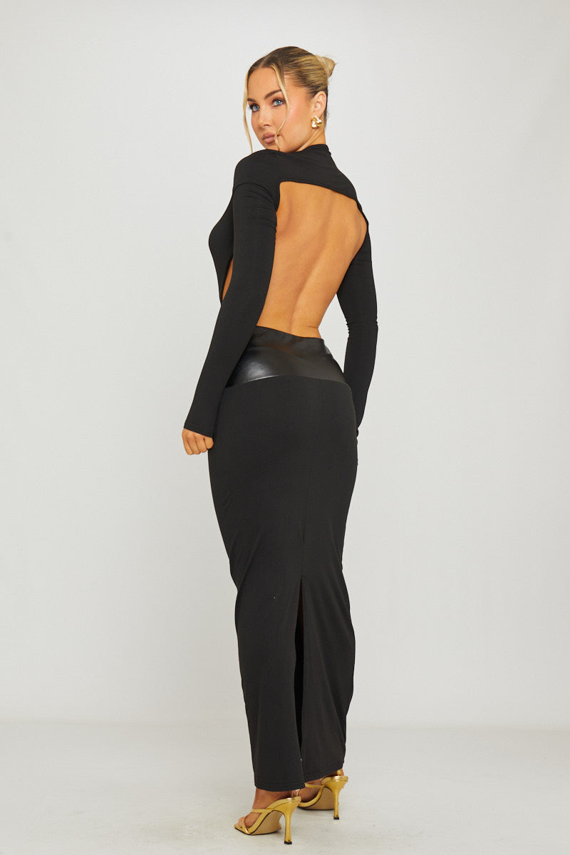 Black Plunge Neck Faux-Leather Waist-Cinch Maxi Dress - AMRONI