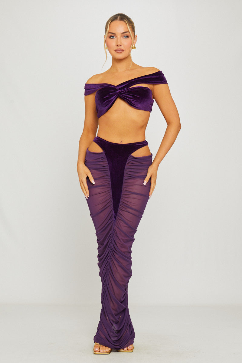 Velvet Cut Out Top & Sheer Maxi Skirt Co-Ord in Purple