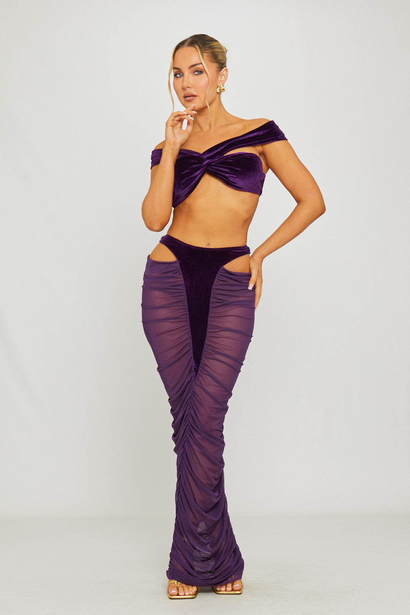 Velvet Cut Out Top & Sheer Maxi Skirt Co-Ord in Purple