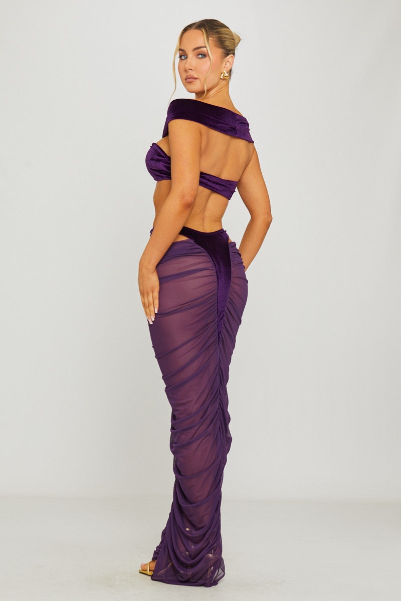 Velvet Cut Out Top & Sheer Maxi Skirt Co-Ord in Purple