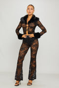 Faux Fur Trim Lace Cardigan & Flared Trousers Co-Ord in Black