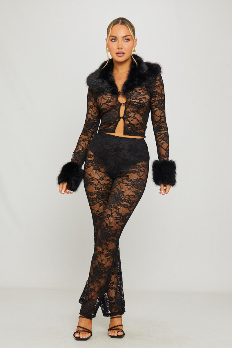 Faux Fur Trim Lace Cardigan & Flared Trousers Co-Ord in Black