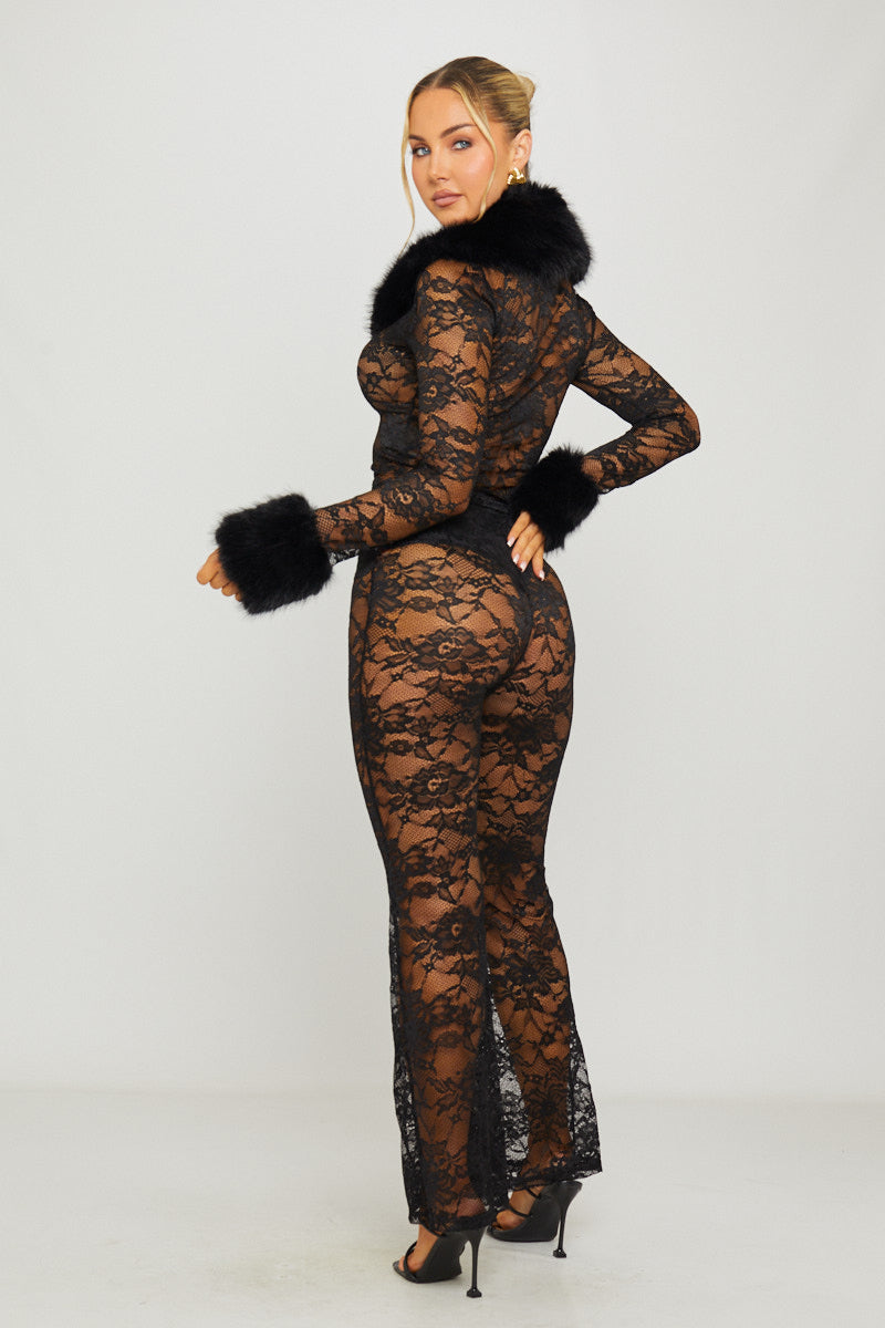 Faux Fur Trim Lace Cardigan & Flared Trousers Co-Ord in Black