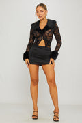 Faux Fur Trim Lace Cardigan & Mini Skirt Co-Ord in Black