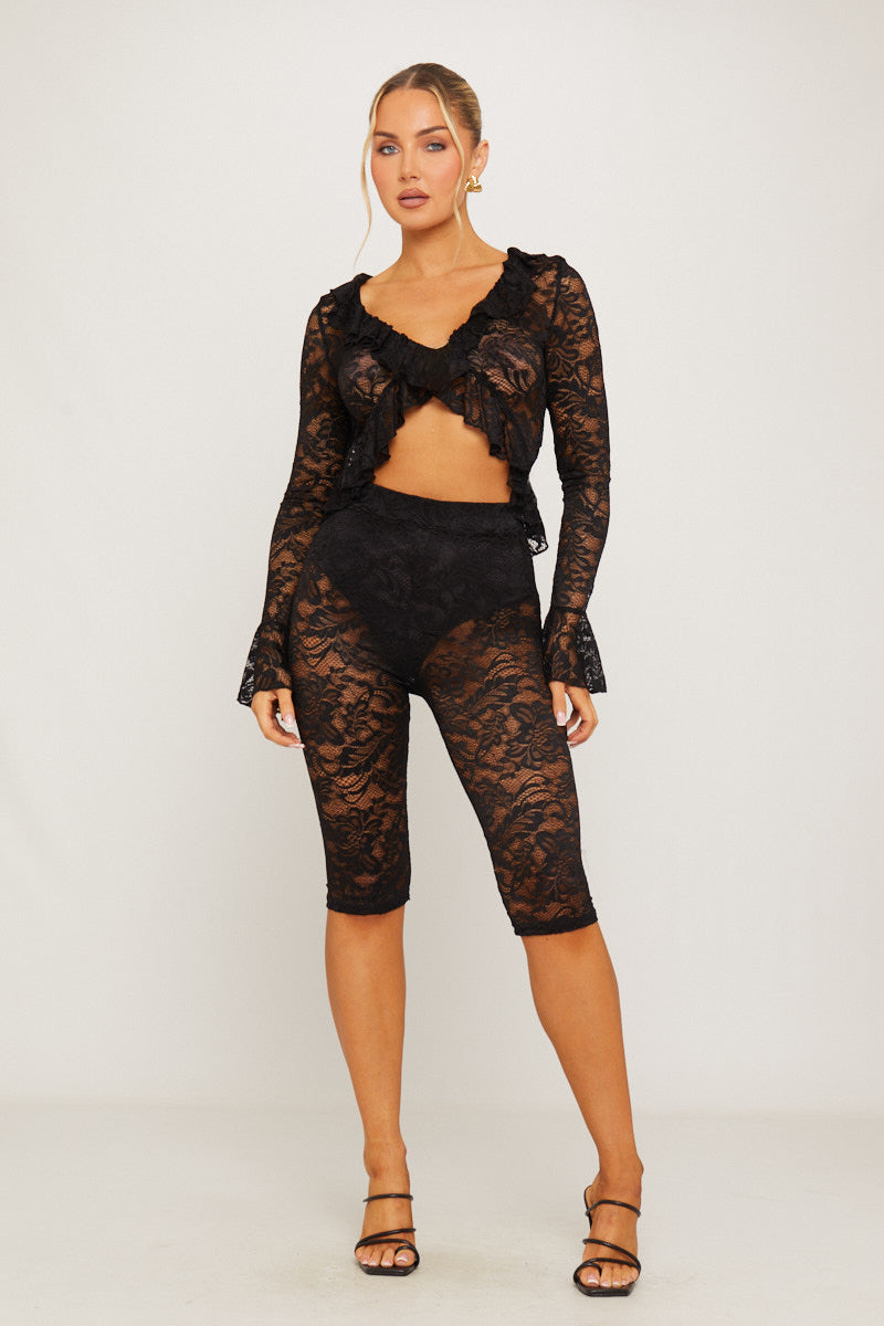 Lace Tie Front Ruffle Top & Capri Leggings Co-Ord in Black