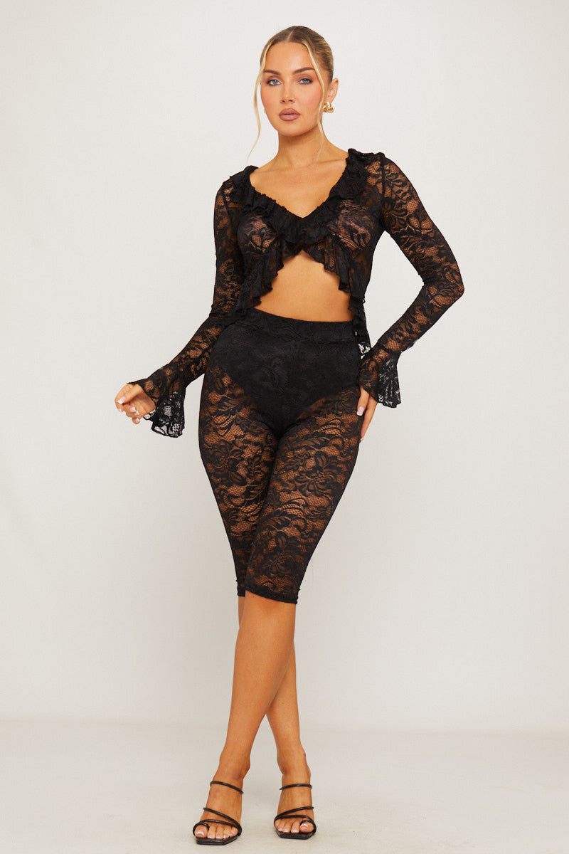 Lace Tie Front Ruffle Top & Capri Leggings Co-Ord in Black