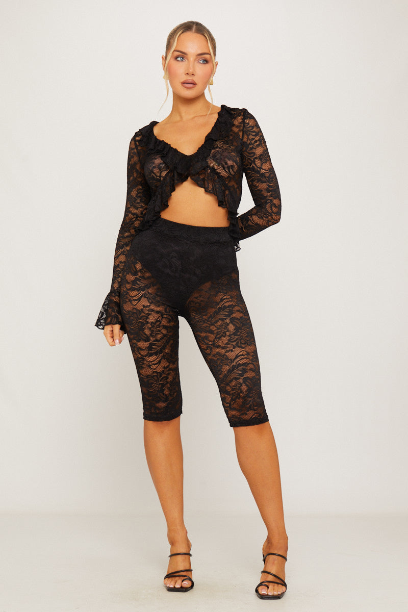 Lace Tie Front Ruffle Top & Capri Leggings Co-Ord in Black