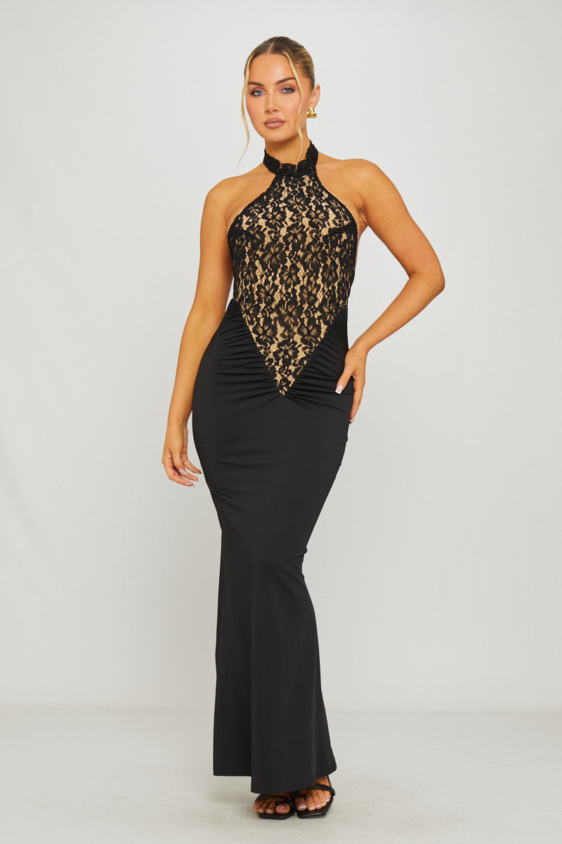Black Lace Halterneck Open-Back Maxi Dress