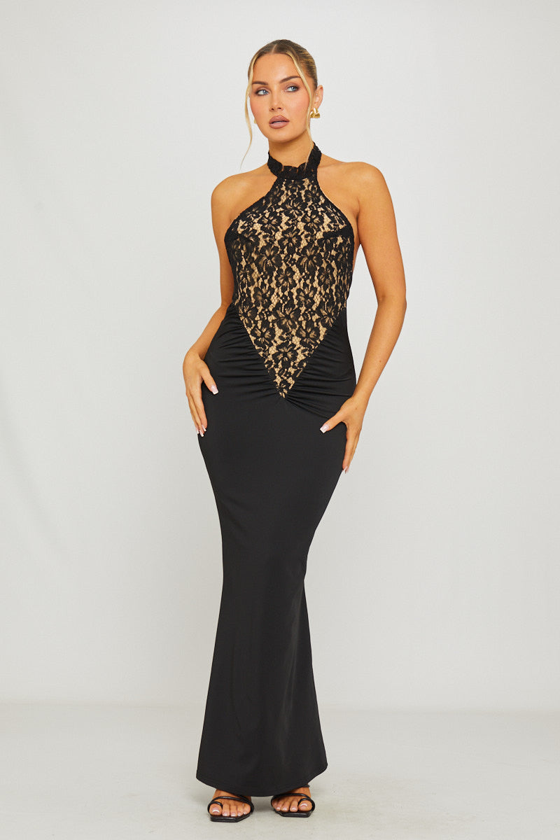 Black Lace Halterneck Open-Back Maxi Dress