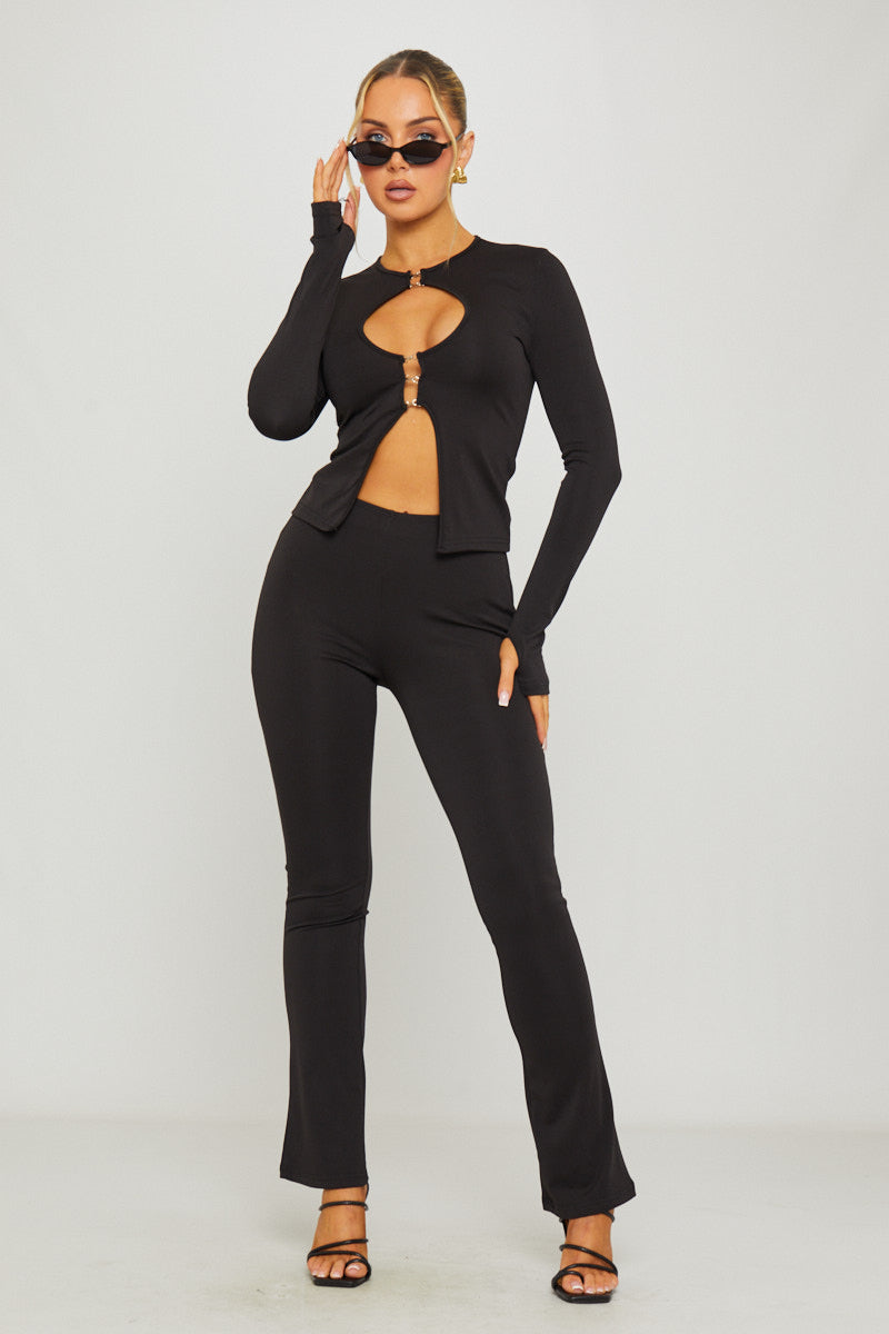 Plunge Cut Out Detail Top & Trousers Co-Ord in Black