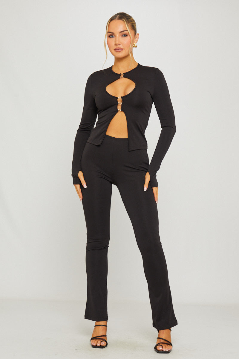 Plunge Cut Out Detail Top & Trousers Co-Ord in Black