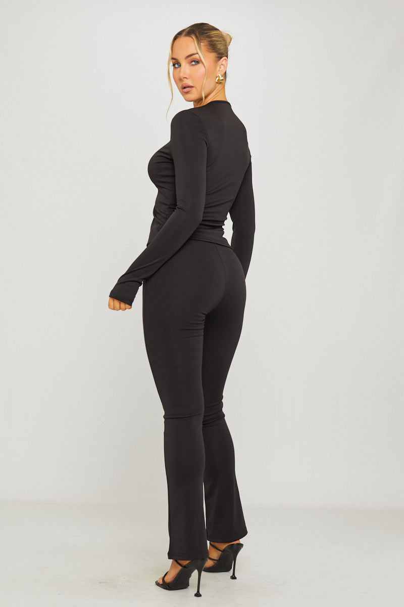 Plunge Cut Out Detail Top & Trousers Co-Ord in Black