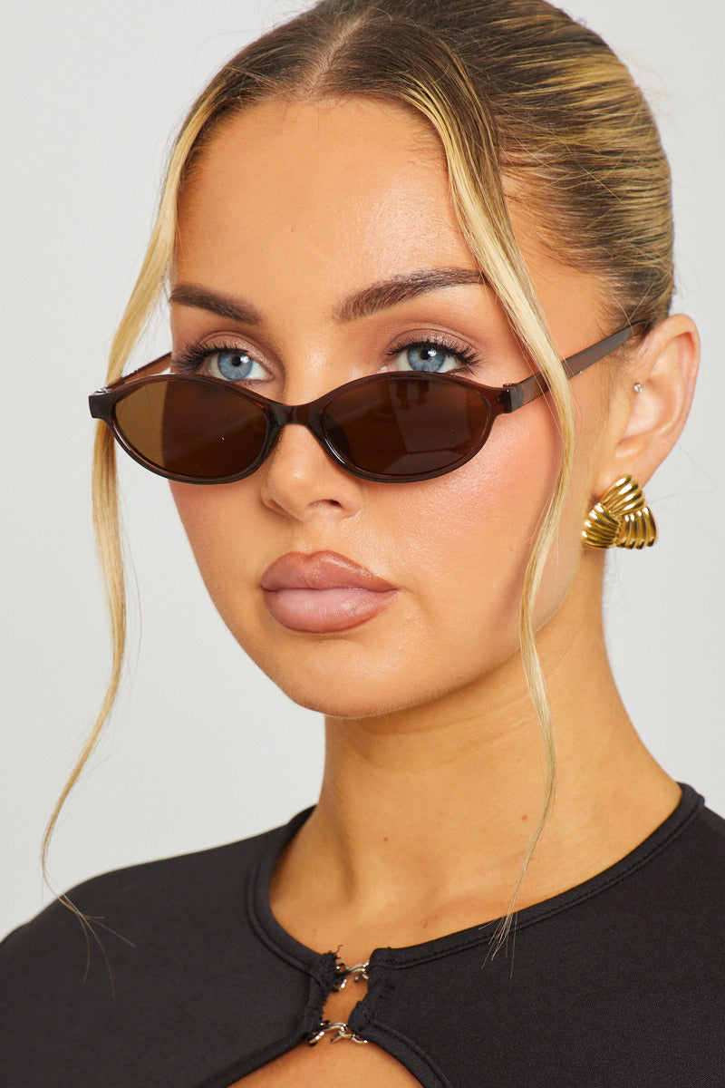 Brown Softly Oval Feline Cat-Eye Sunglasses - AMRONI