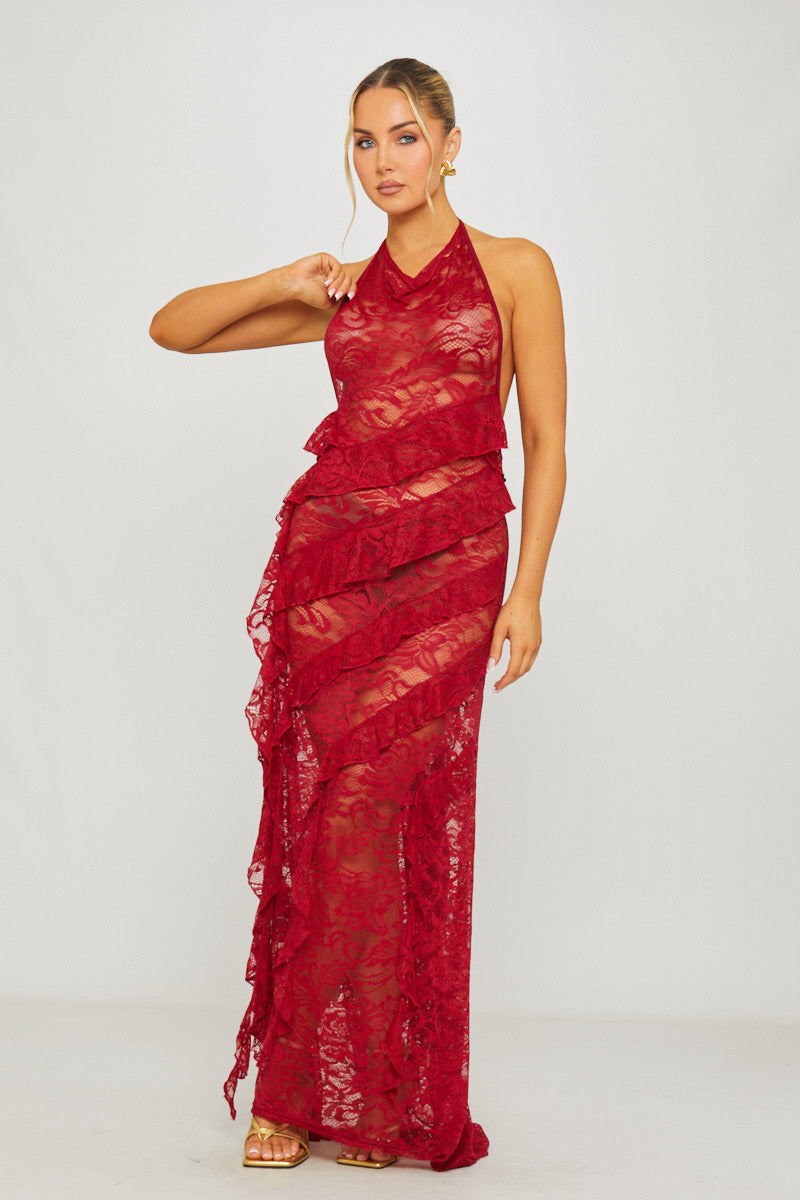 Wine Lace Halter Ruffle-Trim Open-Back Maxi Dress