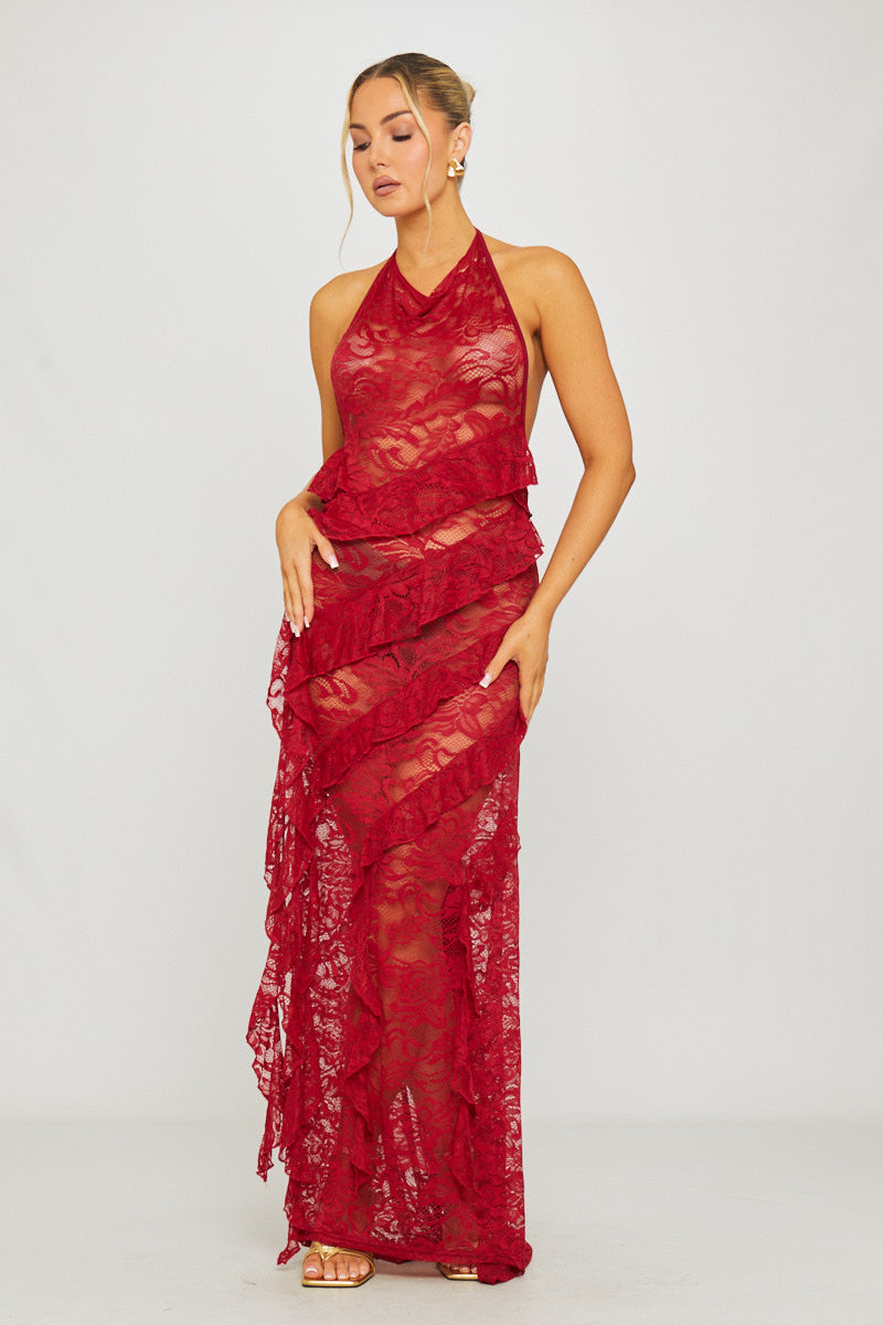 Wine Lace Halter Ruffle-Trim Open-Back Maxi Dress
