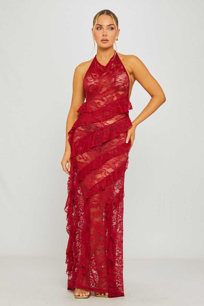 Wine Lace Halter Ruffle-Trim Open-Back Maxi Dress