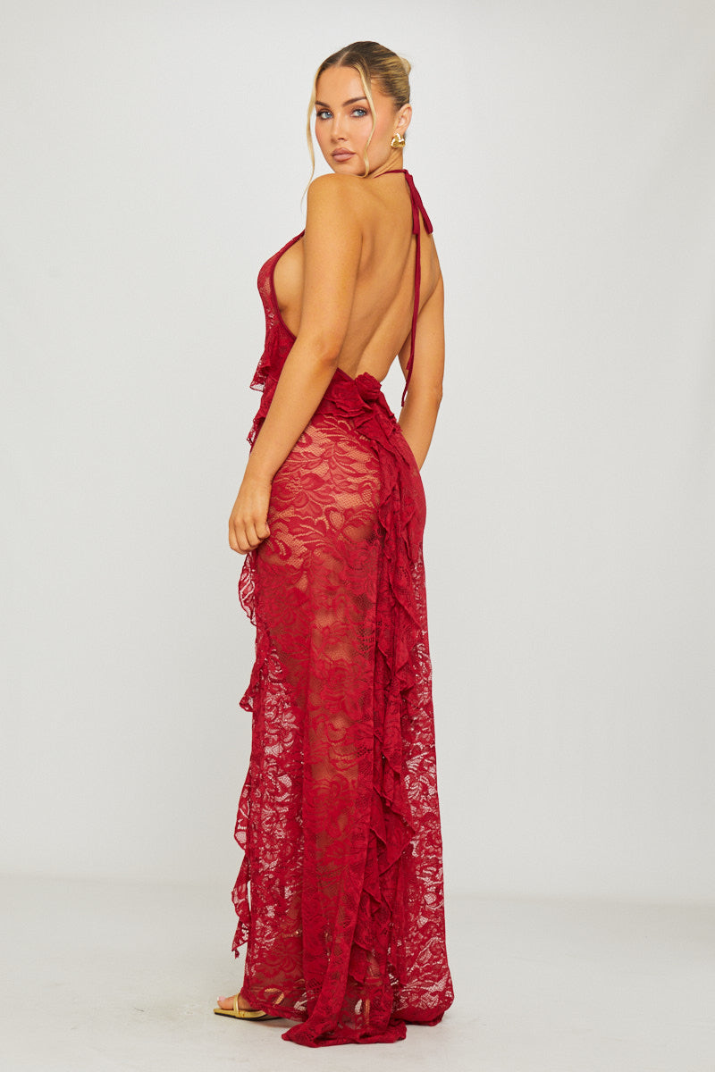 Wine Lace Halter Ruffle-Trim Open-Back Maxi Dress