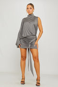 Draped One Shoulder Top & Mini Skirt Co-Ord in Grey