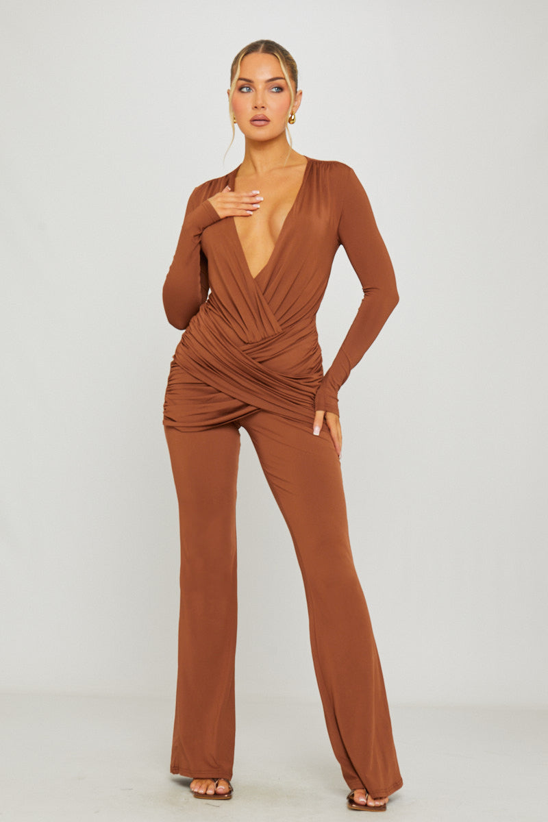 Plunge Slinky Long Sleeve Jumpsuit in Brown