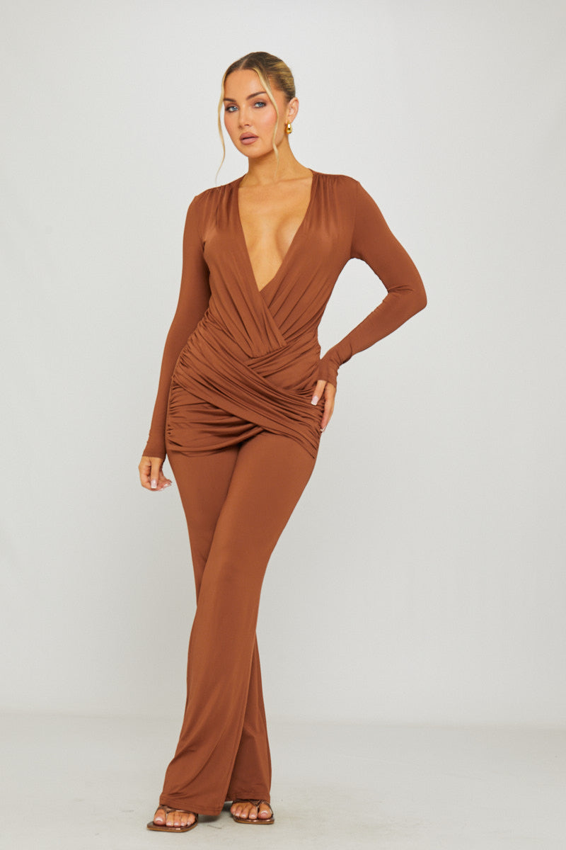Plunge Slinky Long Sleeve Jumpsuit in Brown