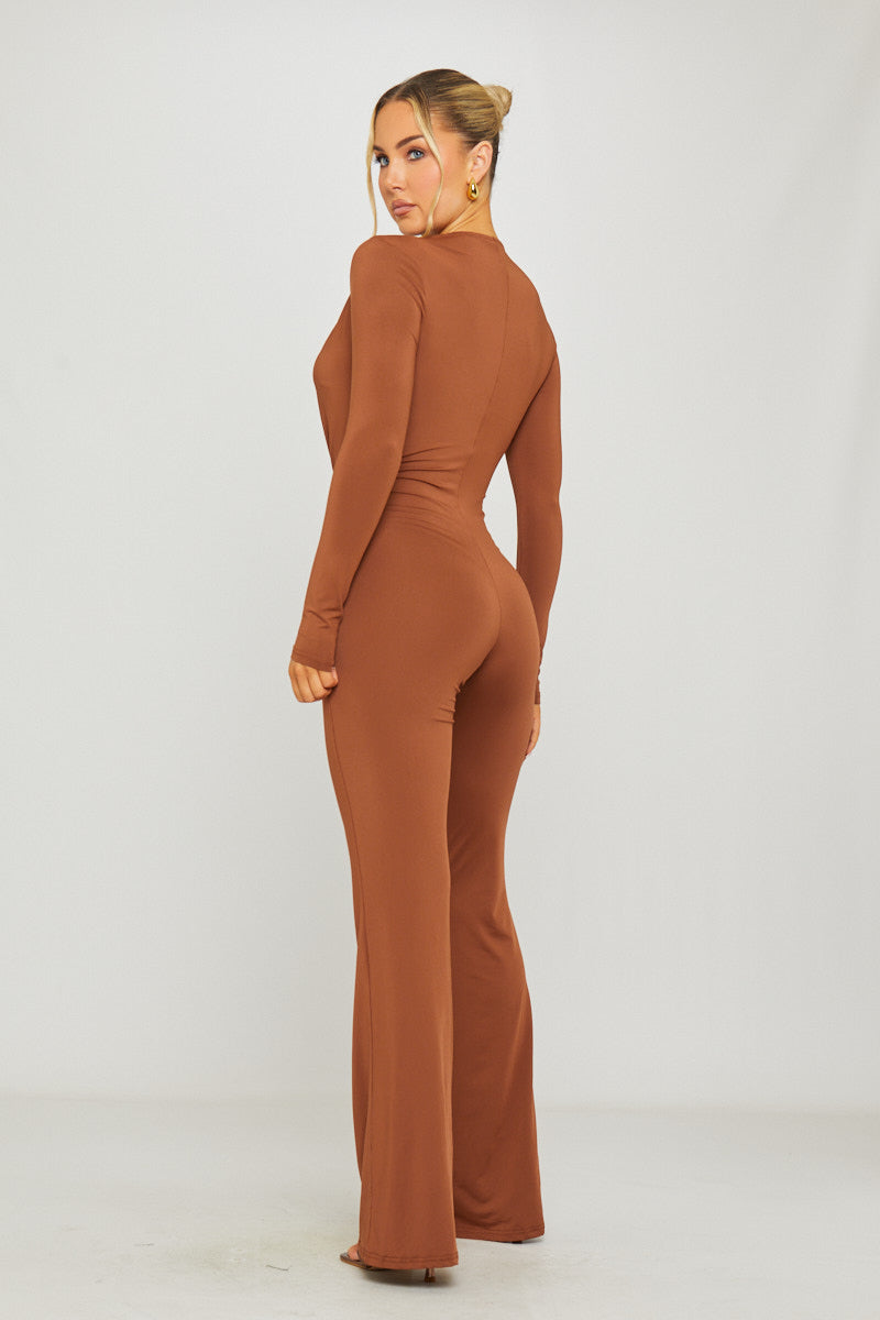 Plunge Slinky Long Sleeve Jumpsuit in Brown