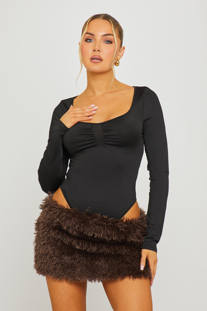 Long Sleeve Ruched Bust Bodysuit in Black