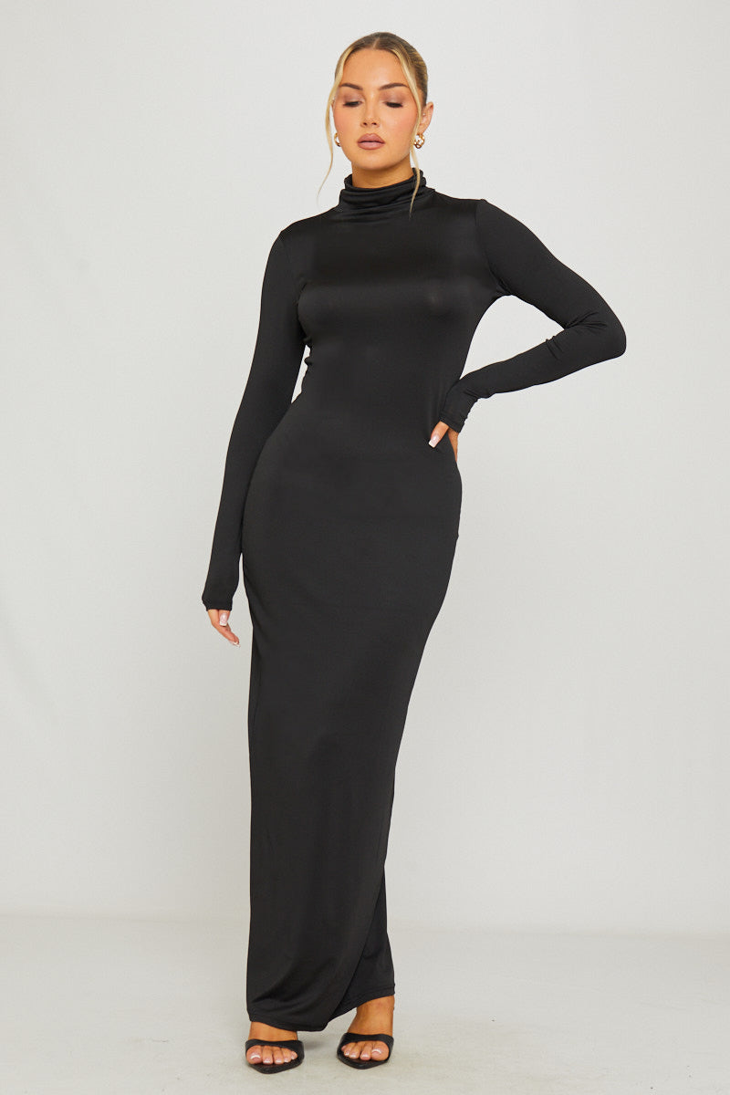 Black Maxi Dress - Turtleneck Full Sleeve Curve-Hugging