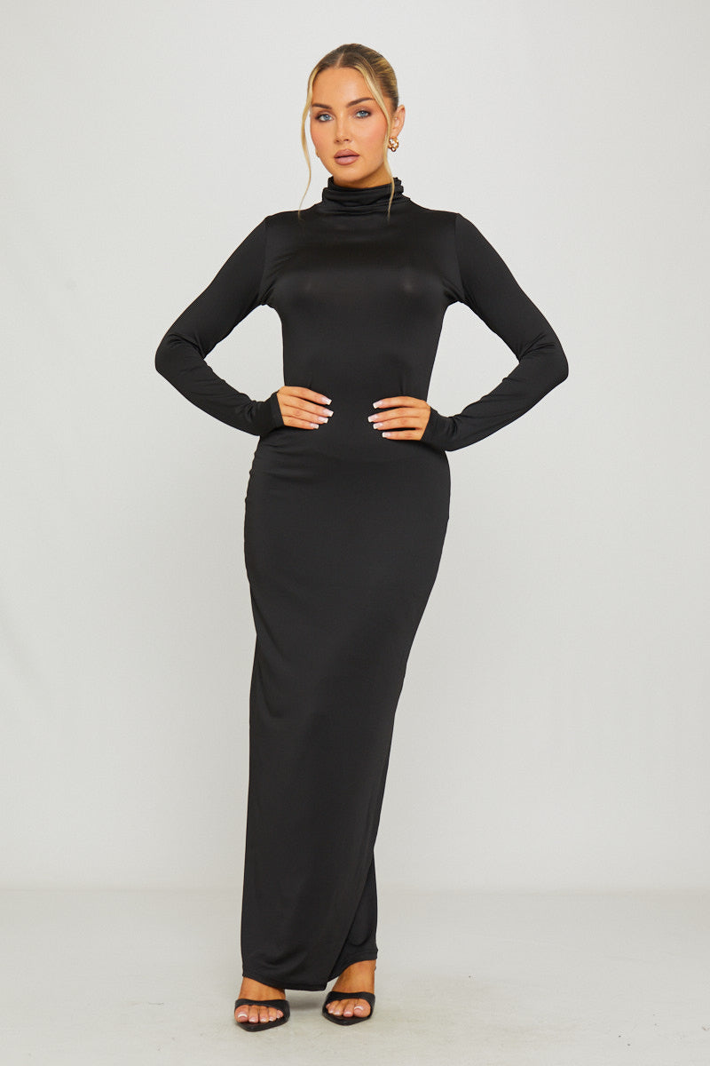 Black Maxi Dress - Turtleneck Full Sleeve Curve-Hugging