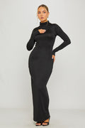 Black Maxi Dress - Turtleneck Full Sleeve Curve-Hugging