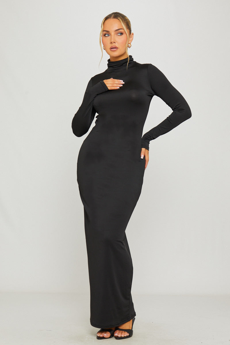 Black Maxi Dress - Turtleneck Full Sleeve Curve-Hugging