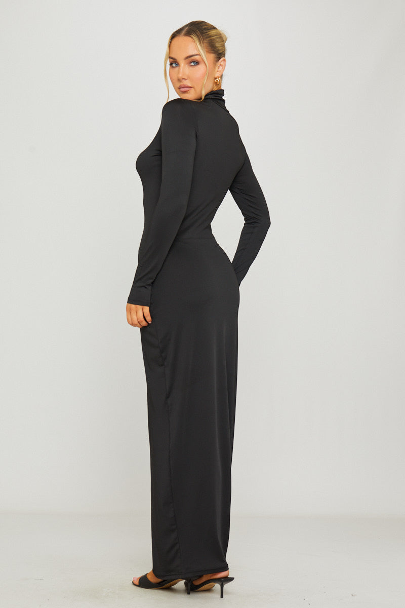 Black Maxi Dress - Turtleneck Full Sleeve Curve-Hugging