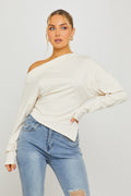 Asymmetric One Shoulder Long Sleeve Top in Cream