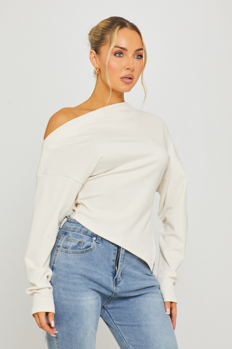 Asymmetric One Shoulder Long Sleeve Top in Cream