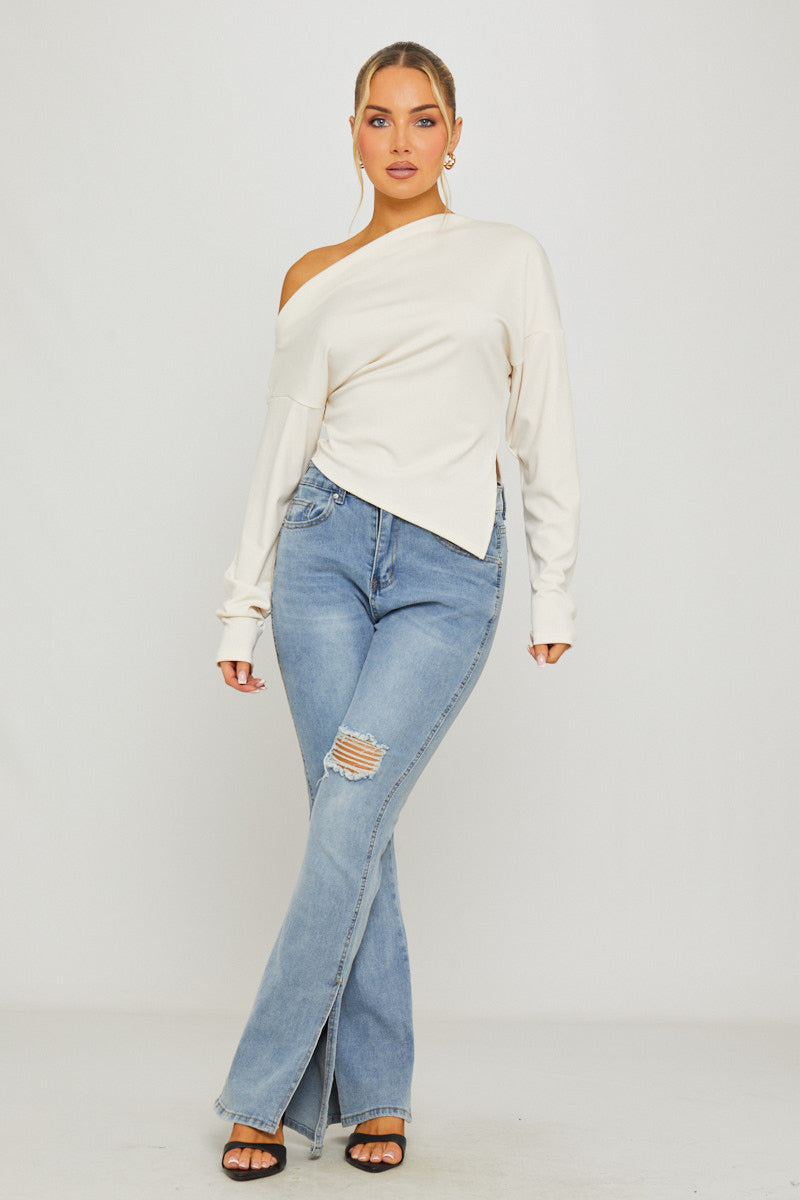 Asymmetric One Shoulder Long Sleeve Top in Cream