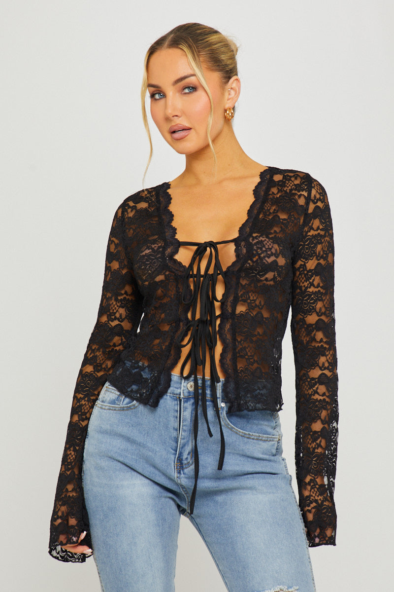Lace Tie Front Flared Sleeve Top in Black