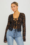 Lace Tie Front Flared Sleeve Top in Black