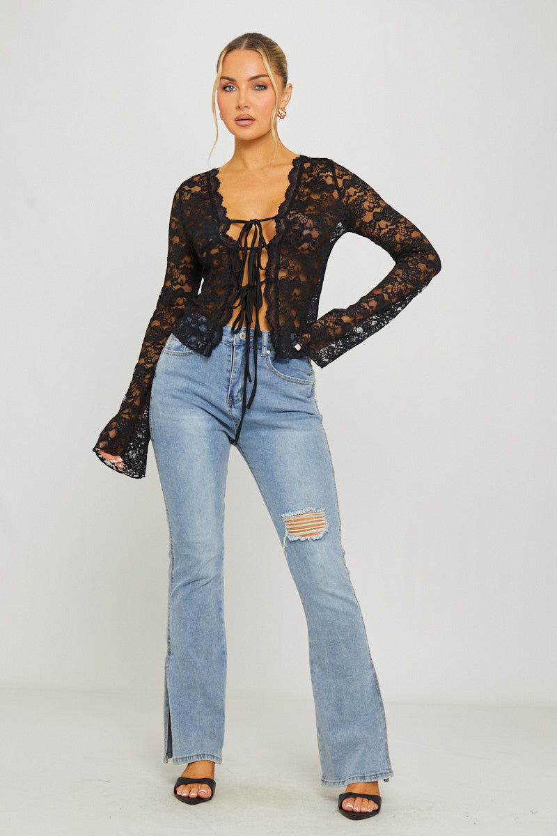Lace Tie Front Flared Sleeve Top in Black