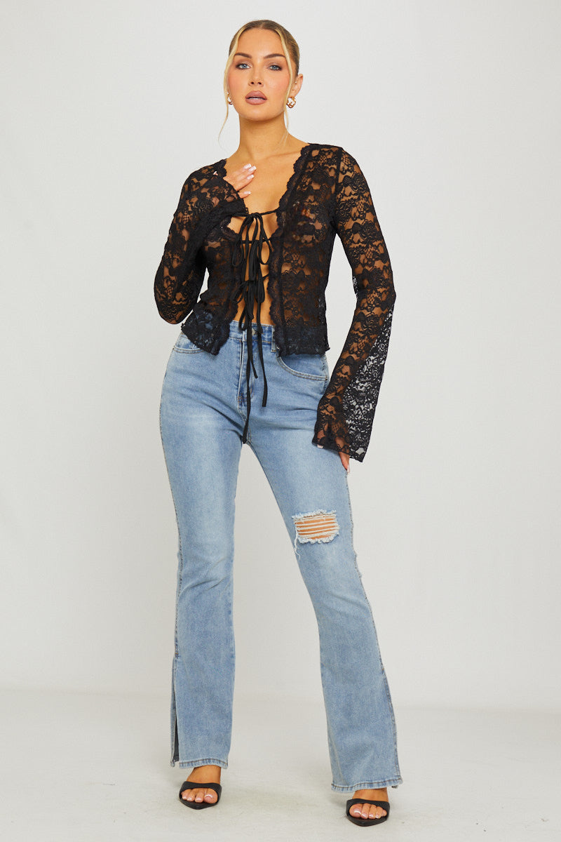 Lace Tie Front Flared Sleeve Top in Black