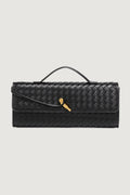 Black Woven Faux Leather Top Handle Clutch Bag